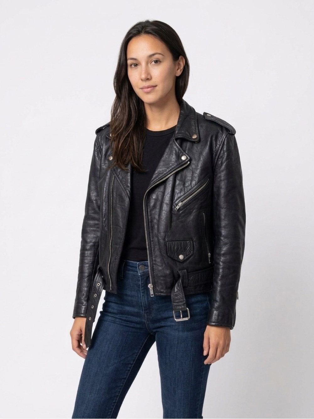 Chaqueta biker vintage negra Genuine Steer Hide cuero real